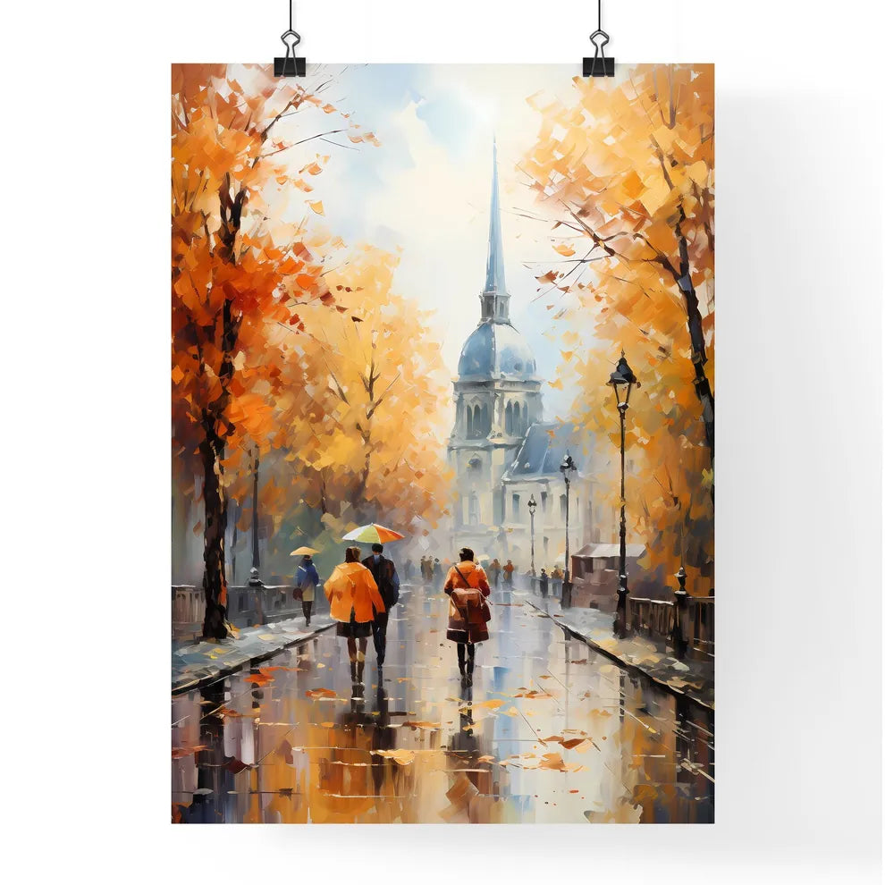 Autumn The City - A Painting Of People Walking Down A Street With Trees And A Church Poster