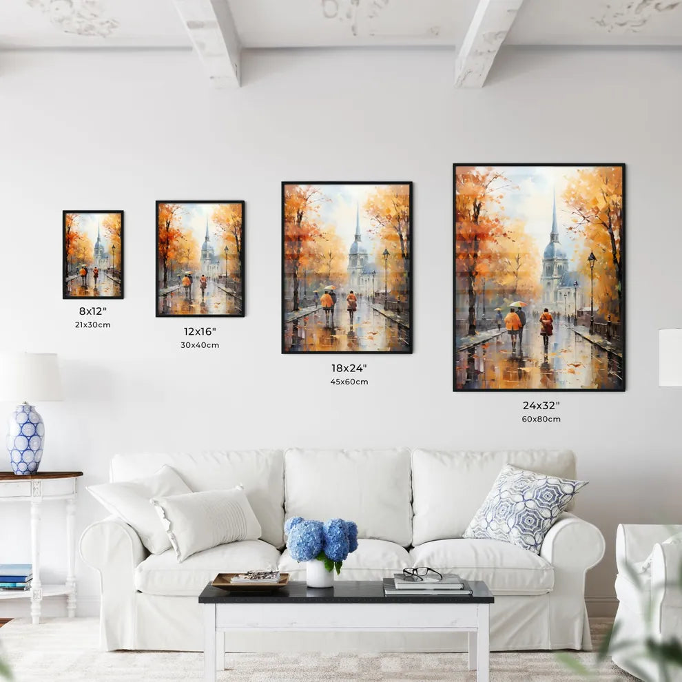 Autumn The City - A Painting Of People Walking Down A Street With Trees And A Church Size Chart