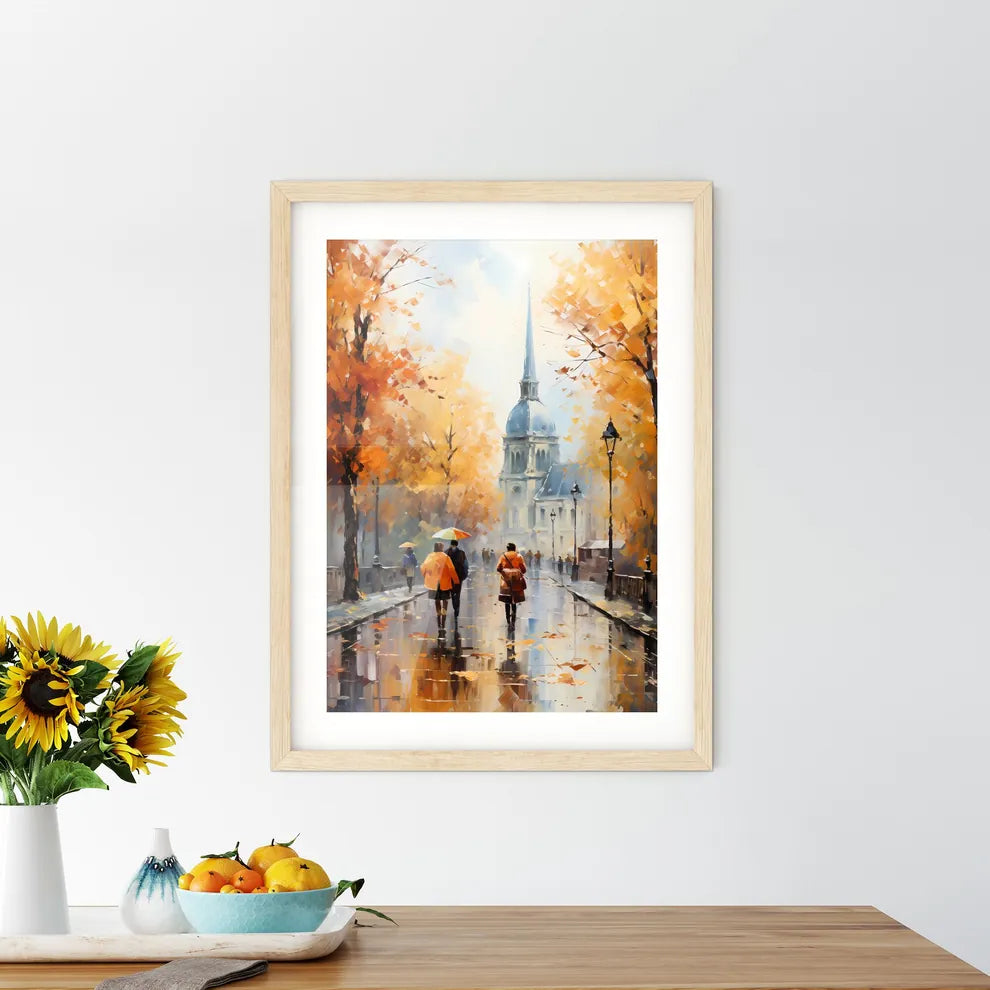 Autumn The City - A Painting Of People Walking Down A Street With Trees And A Church Custom Print