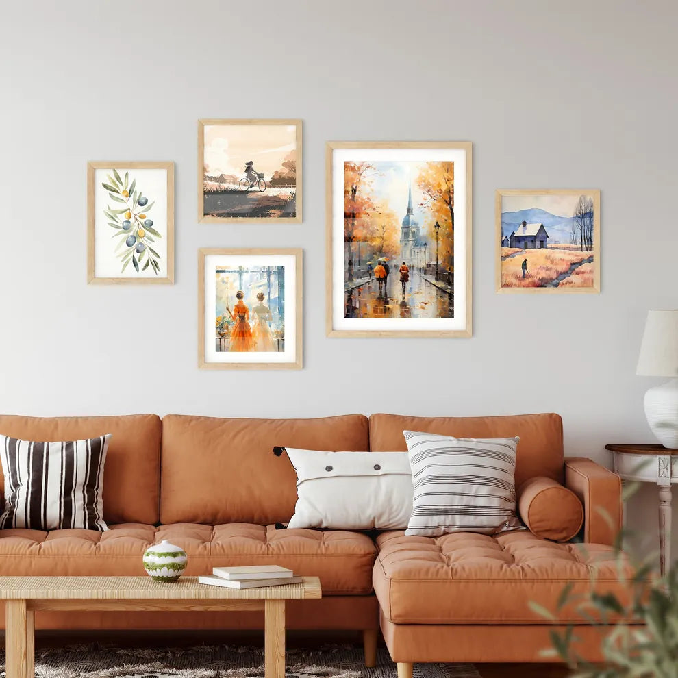 Autumn The City - A Painting Of People Walking Down A Street With Trees And A Church Interior Design