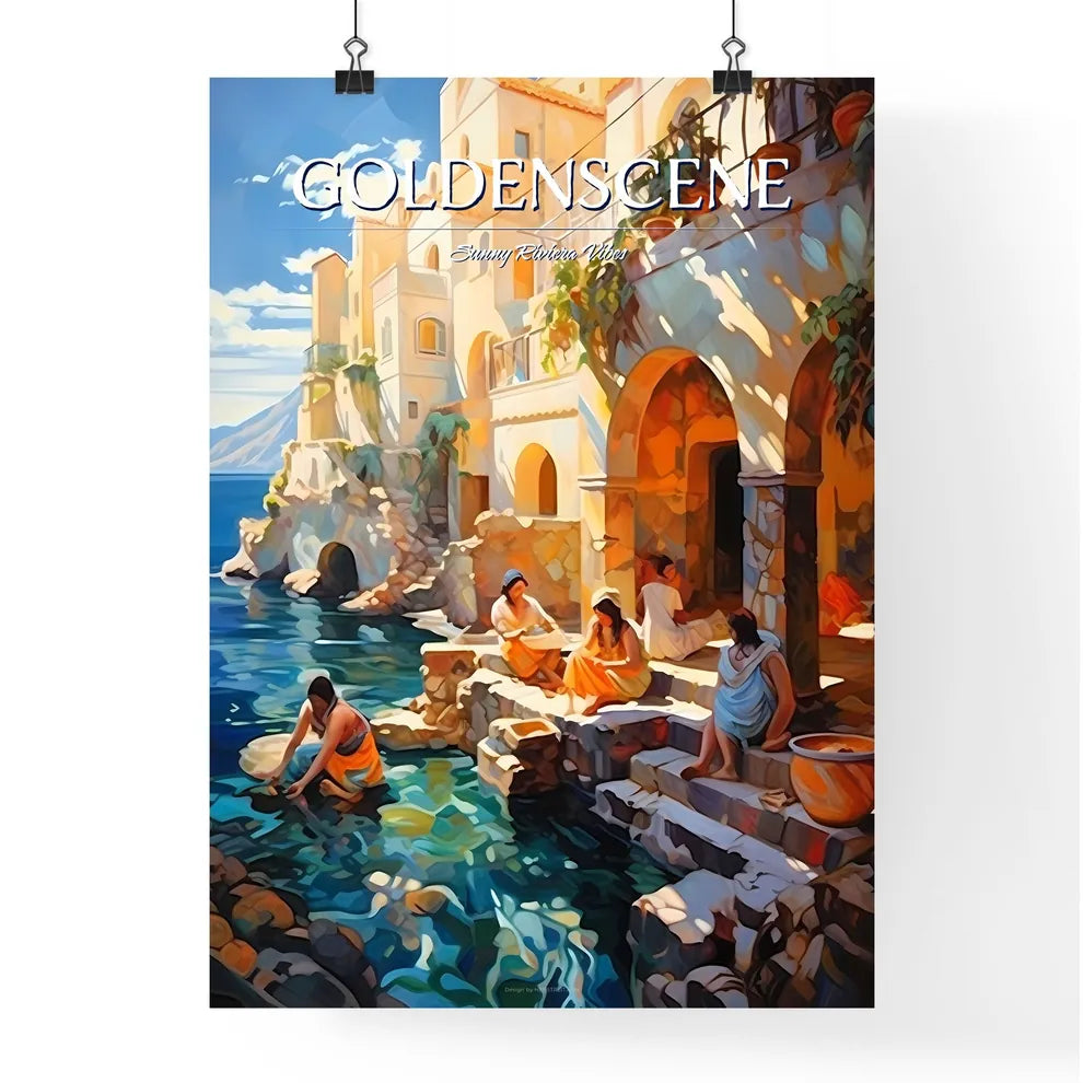 Mediterranean Sea Bath Scene In The Golden 20S - A Group Of People Sitting On Steps Near Water Poster