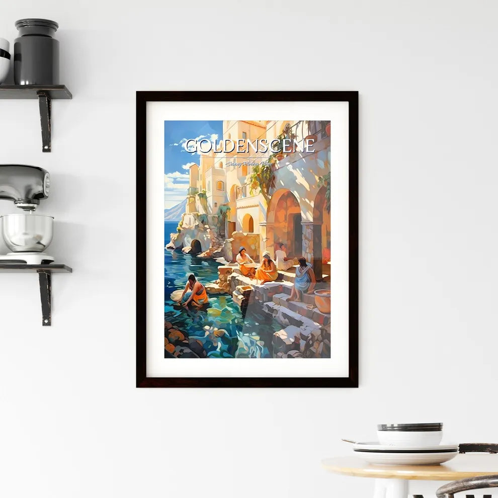 Mediterranean Sea Bath Scene In The Golden 20S - A Group Of People Sitting On Steps Near Water Custom Print