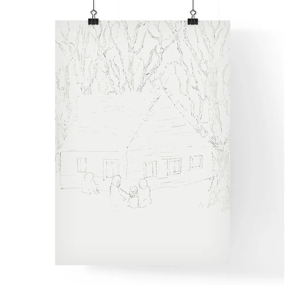 Two Little Humas In Front Of A Little House - A Drawing Of A House And A Group Of People Poster