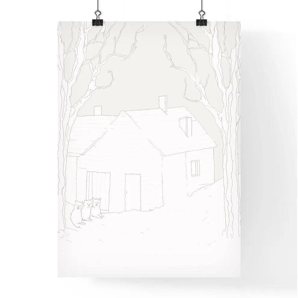 Two Little Humas In Front Of A Little House - A Drawing Of A House And Cats Poster