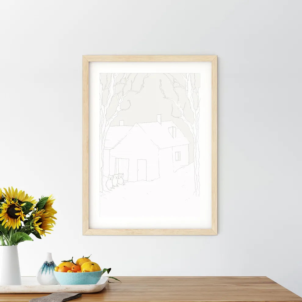 Two Little Humas In Front Of A Little House - A Drawing Of A House And Cats Custom Print