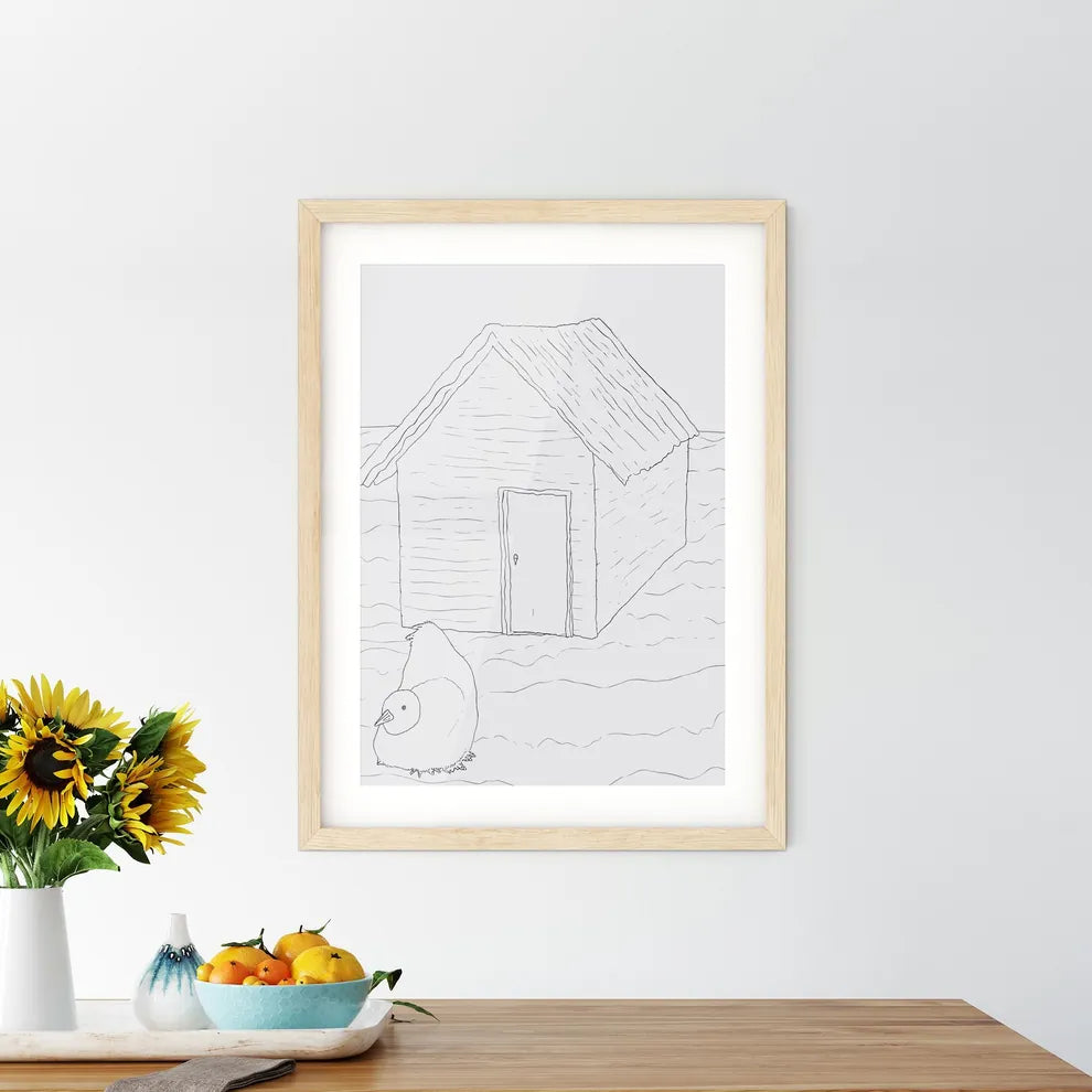 Two Little Humas In Front Of A Little House - A Drawing Of A House And A Bird Custom Print