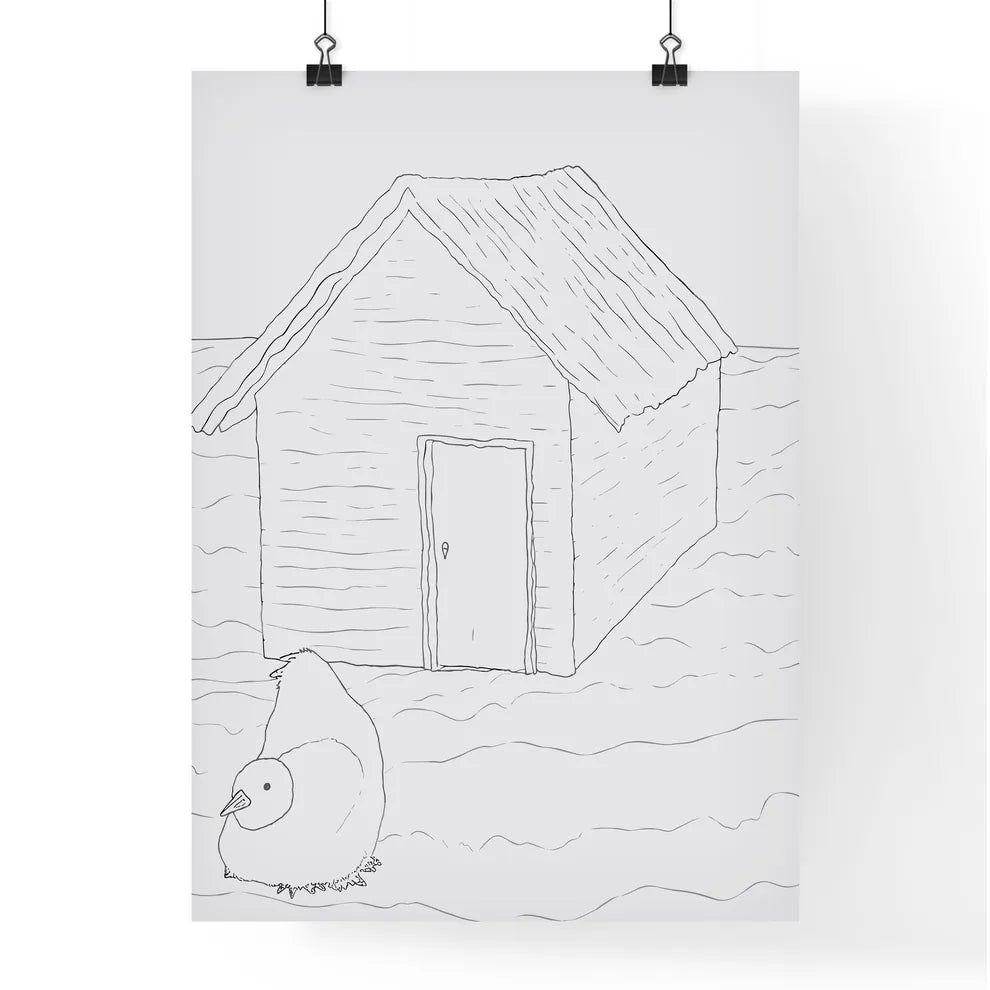 Two Little Humas In Front Of A Little House - A Drawing Of A House And A Bird Poster