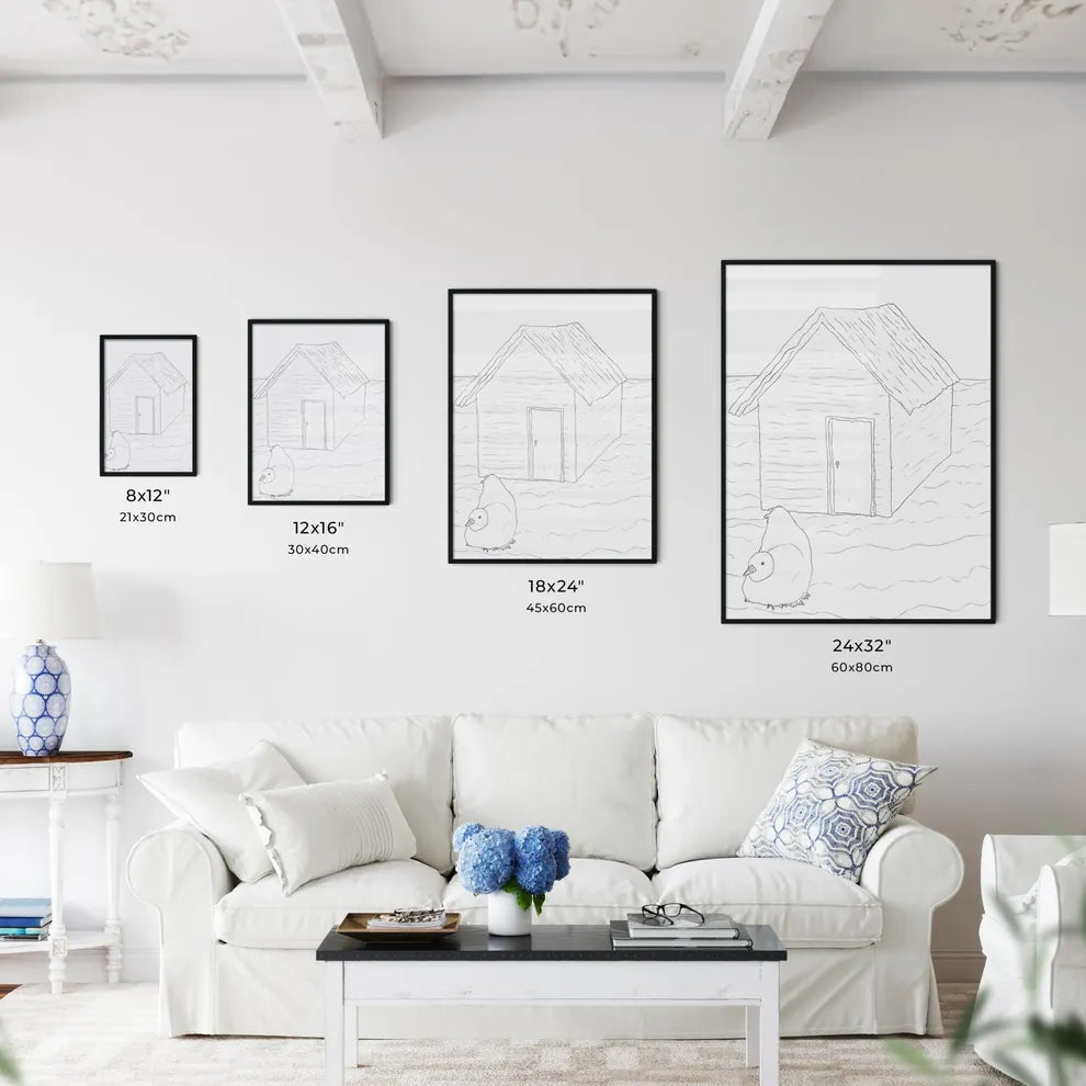 Two Little Humas In Front Of A Little House - A Drawing Of A House And A Bird Size Chart