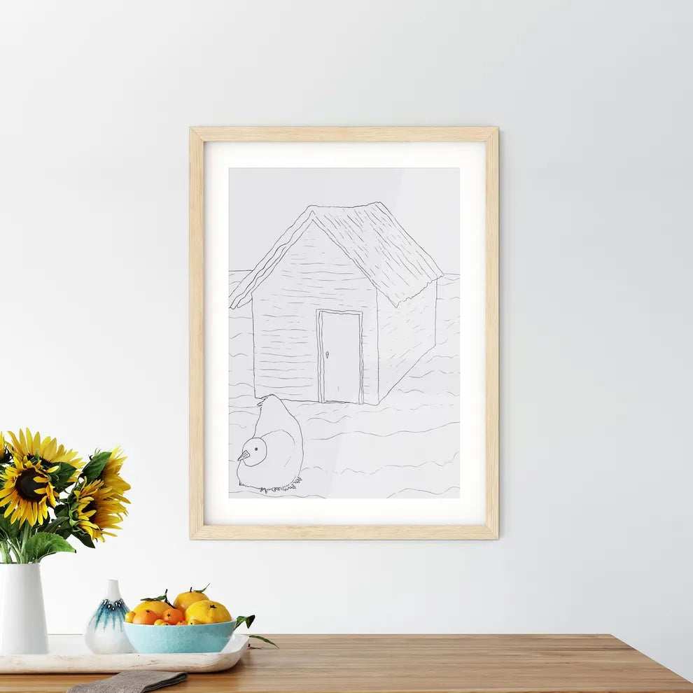 Two Little Humas In Front Of A Little House - A Drawing Of A House And A Bird Custom Print