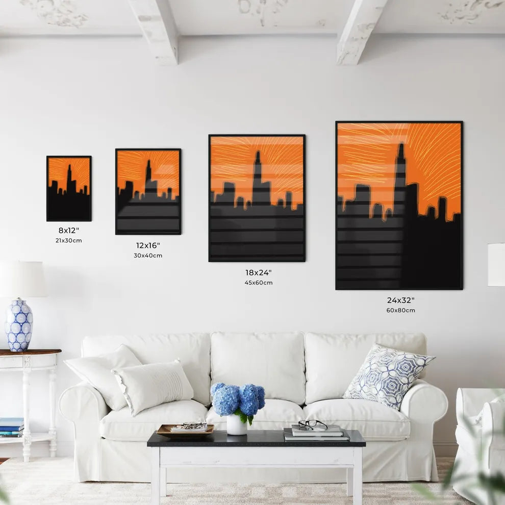 Chicago Skyline - A Silhouette Of A City With Orange Sky Size Chart