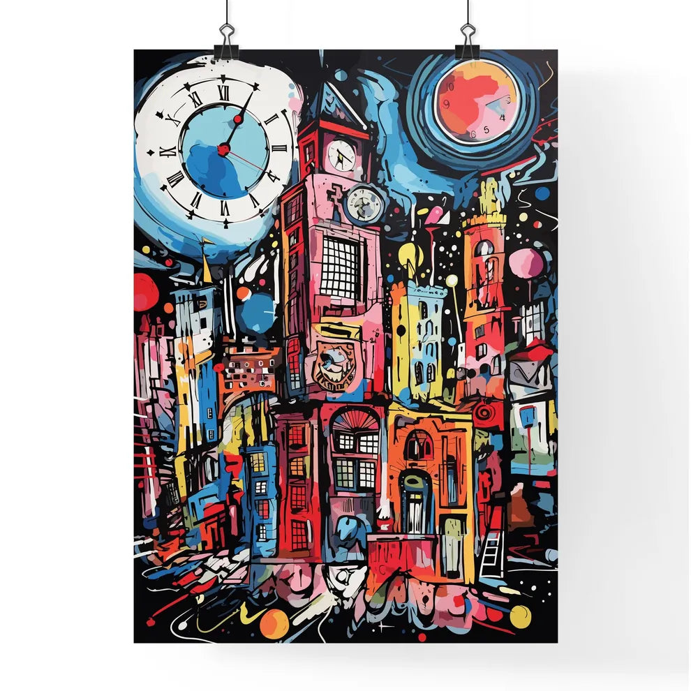 Exploring The City - A Painting Of A City With A Clock Poster