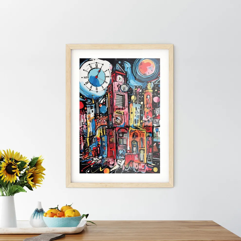 Exploring The City - A Painting Of A City With A Clock Custom Print
