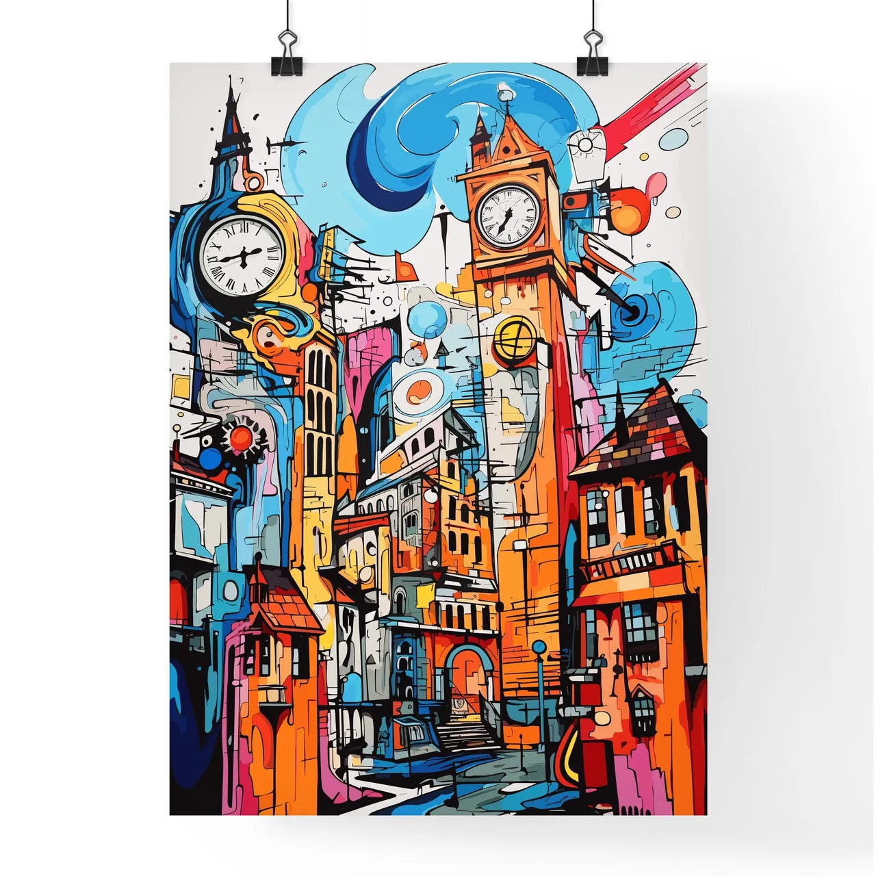 Exploring The City - A Colorful Painting Of A Clock Tower Poster