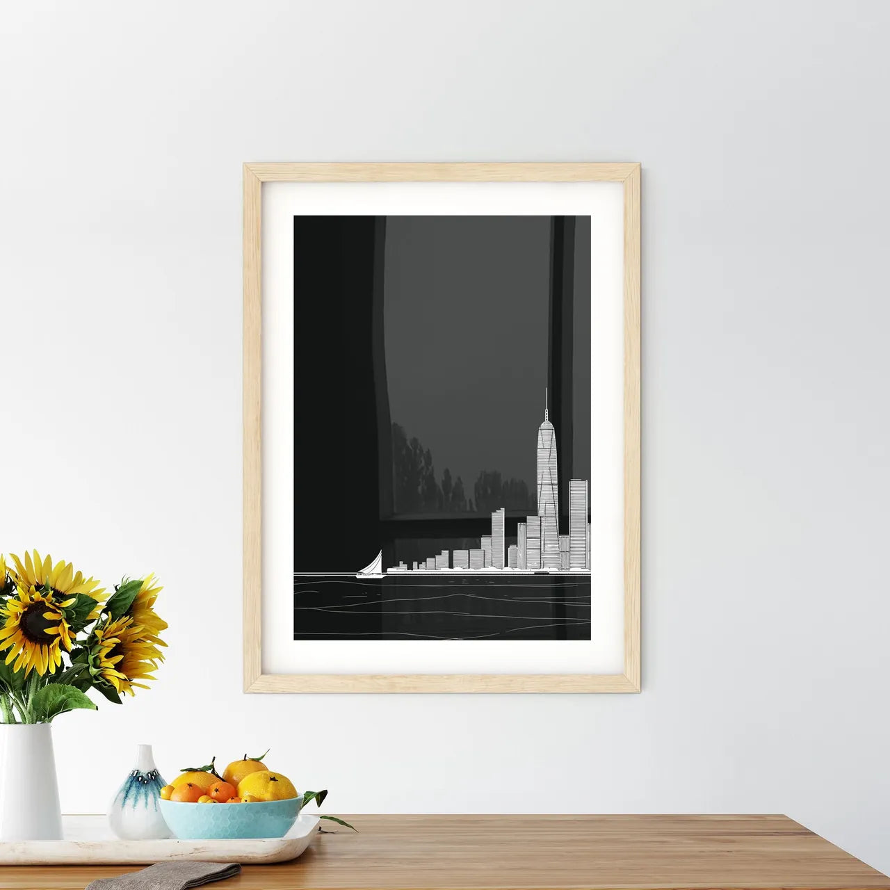 Hong Kong Waterfront Skyline - A City Skyline With A Sailboat In The Distance Custom Print