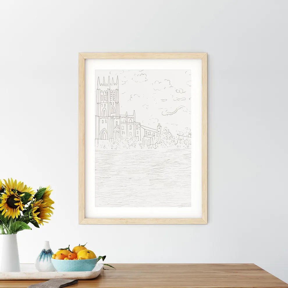 Porto Portugal Waterline And Skyline - A Drawing Of A Building And A Body Of Water Custom Print