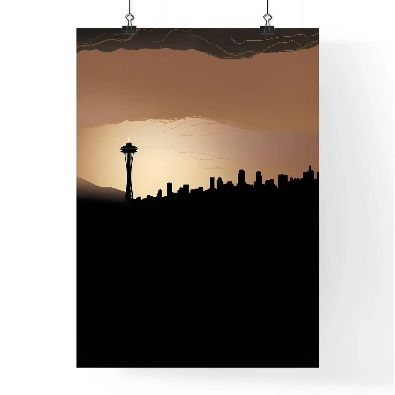 Seattle Skyline - A Silhouette Of A City With A Tower In The Distance Poster