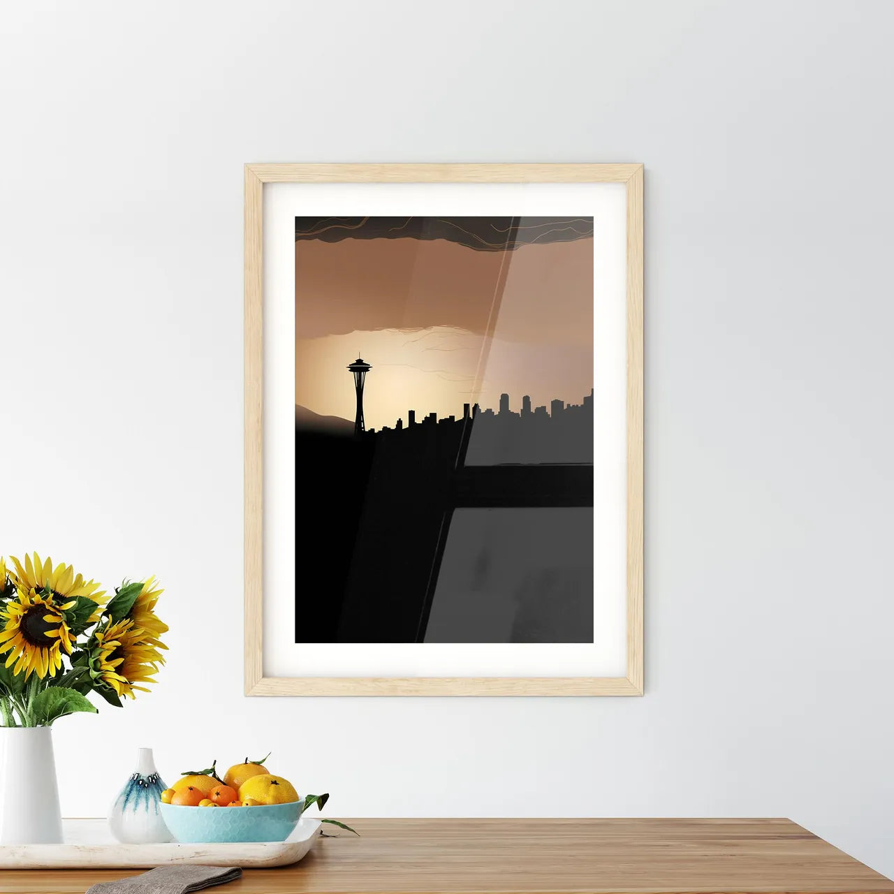 Seattle Skyline - A Silhouette Of A City With A Tower In The Distance Custom Print