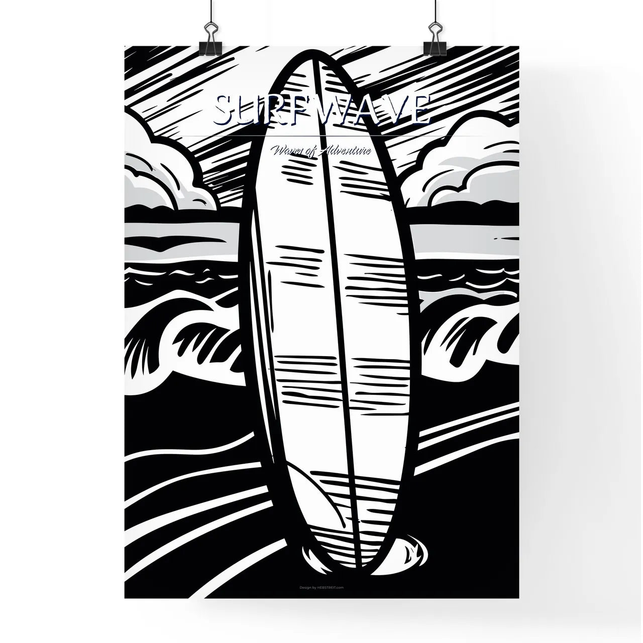 Surfboard In Front Of Beach - A Black And Wh Poster
