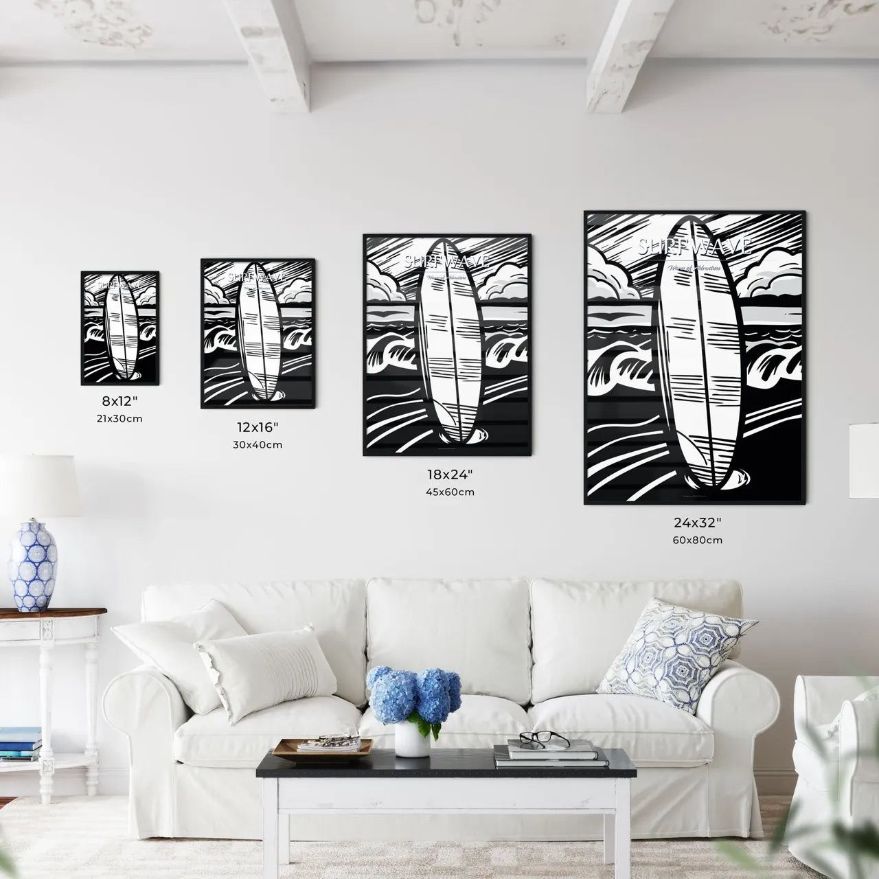 Surfboard In Front Of Beach - A Black And Wh - Kitchen Hangings