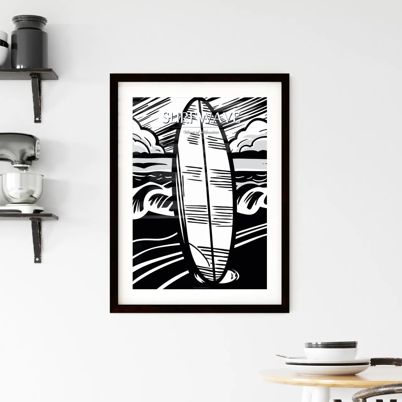 Surfboard In Front Of Beach - A Black And Wh Framed Print