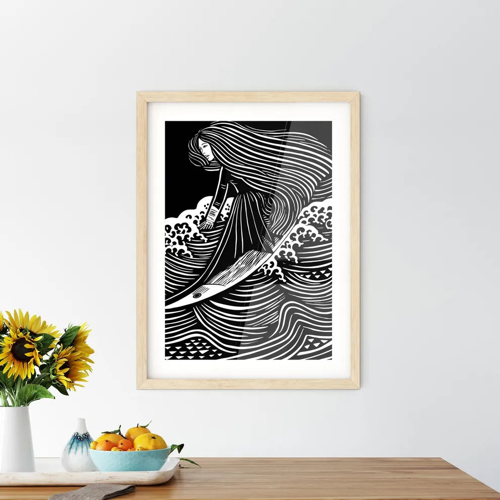 Surfing The Waves - A Woman Ridi Framed Print