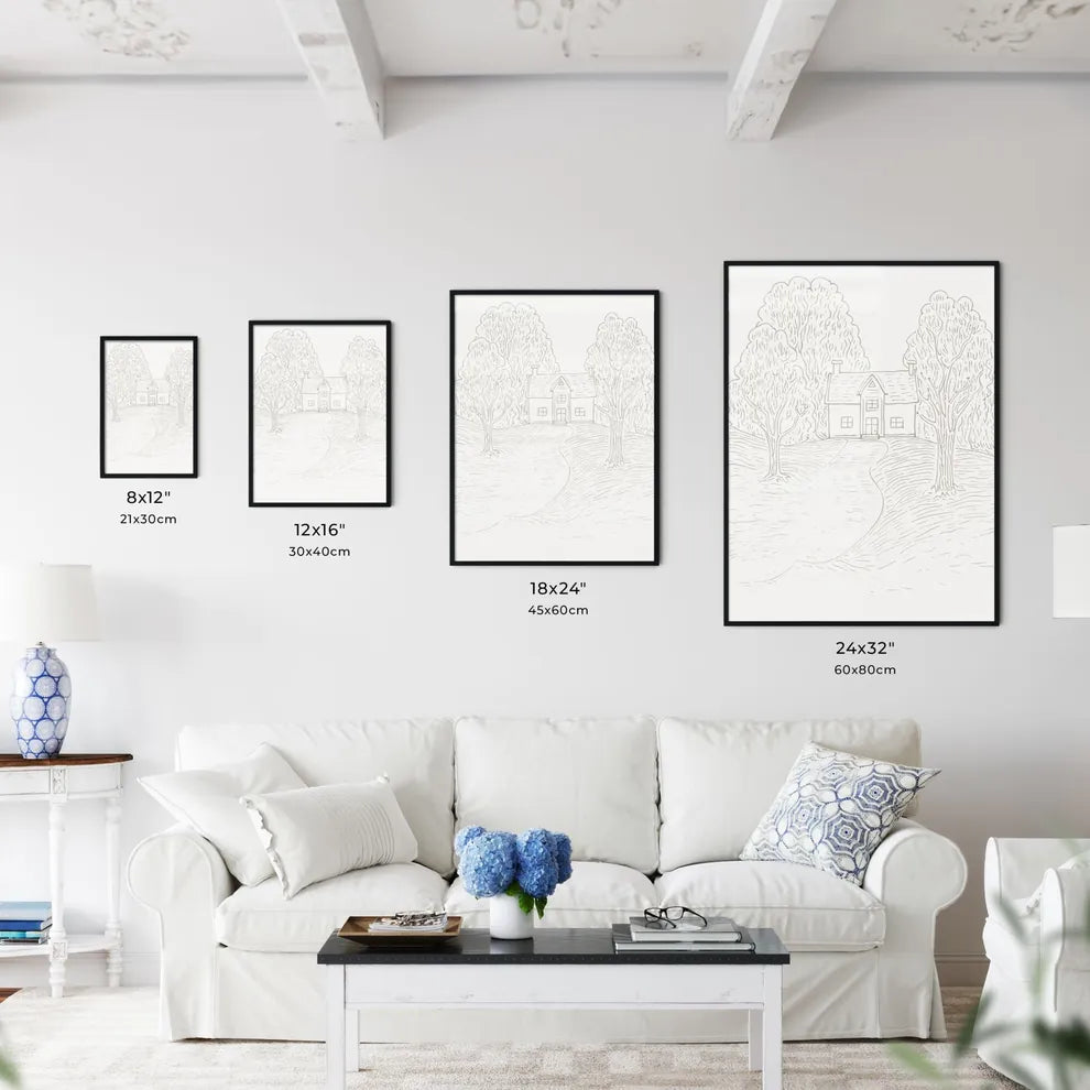 Tiny Home Poster - A Drawing Of A House And Trees Size Chart
