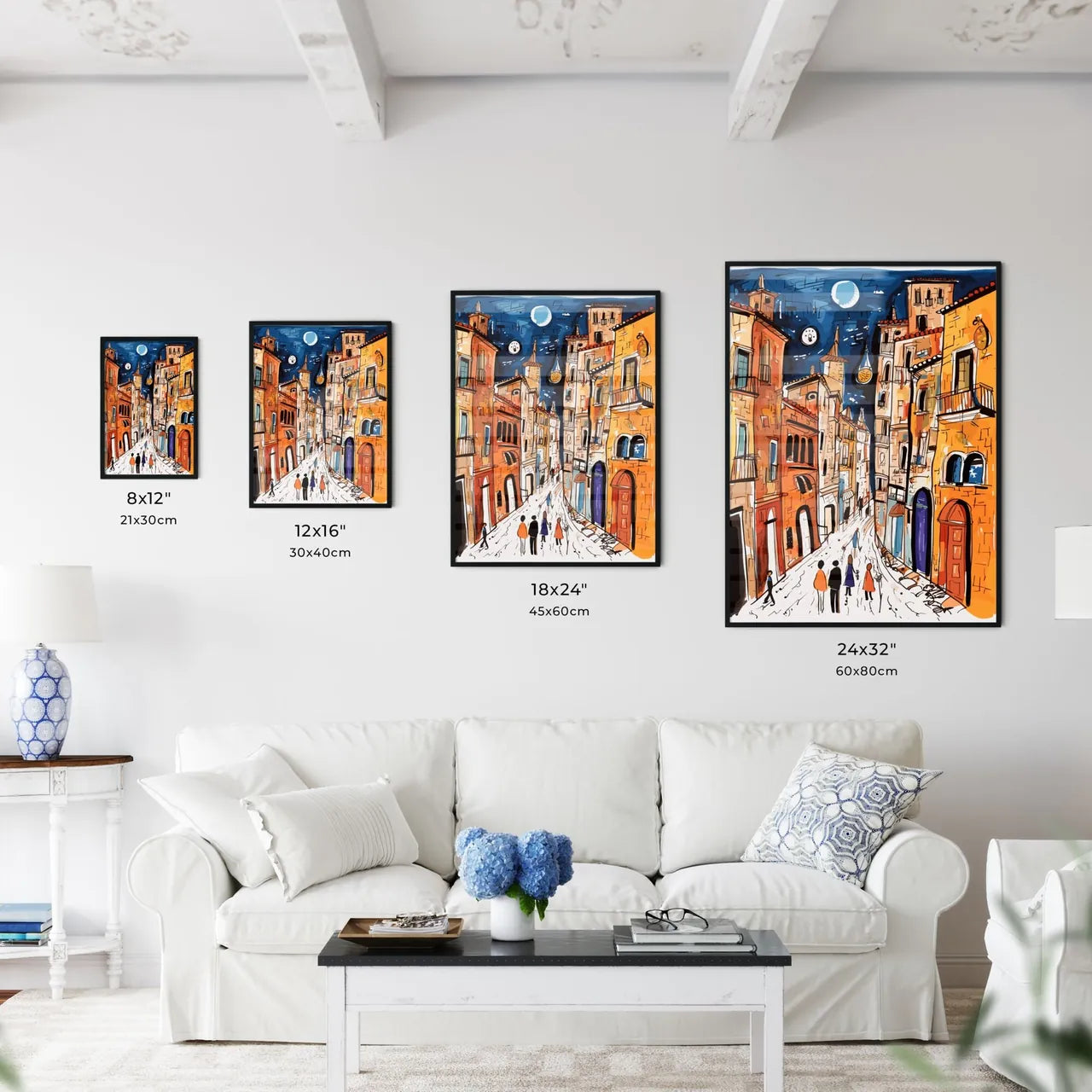 Watercolor Provence Streets Poster - A Drawing Of A Street With Buildings And People Size Chart