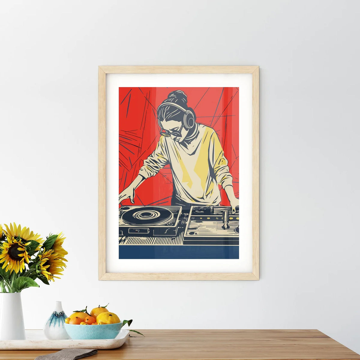 A Woman Dj Mixing From Turntables On A Grung Framed Print