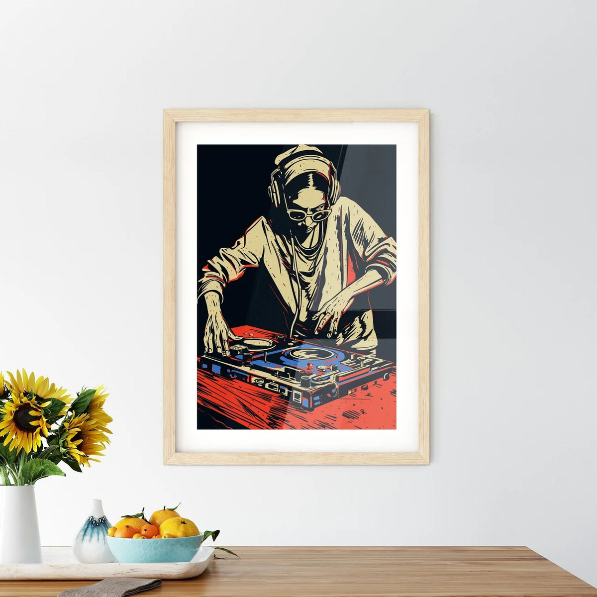 A Woman Dj Mixing From Turntables On A Grung Framed Print