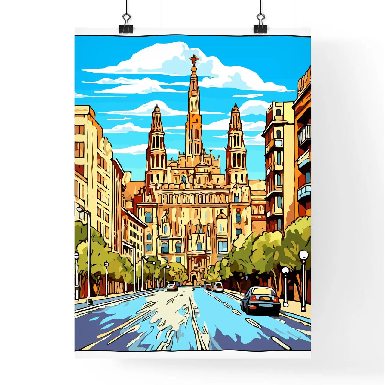 Barcelona Spain Great Vacation Poster - A Street With Cars And A Building Poster