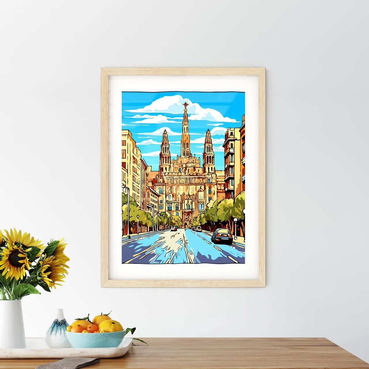 Barcelona Spain Great Vacation Poster - A Street With Cars And A Building Custom Print
