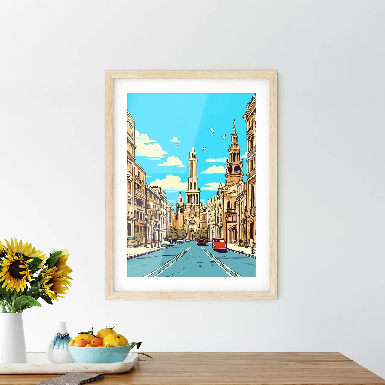 Barcelona Spain Great Vacation Poster - A Street With Cars And Buildings Custom Print