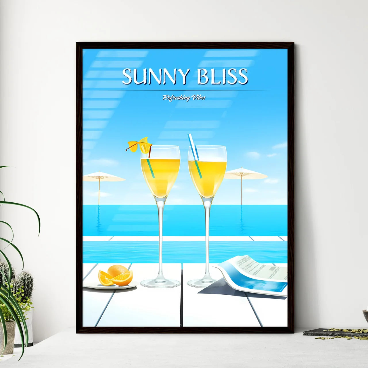 Beach Holidays With Two Cocktails Near Swimm - Framed Art Print