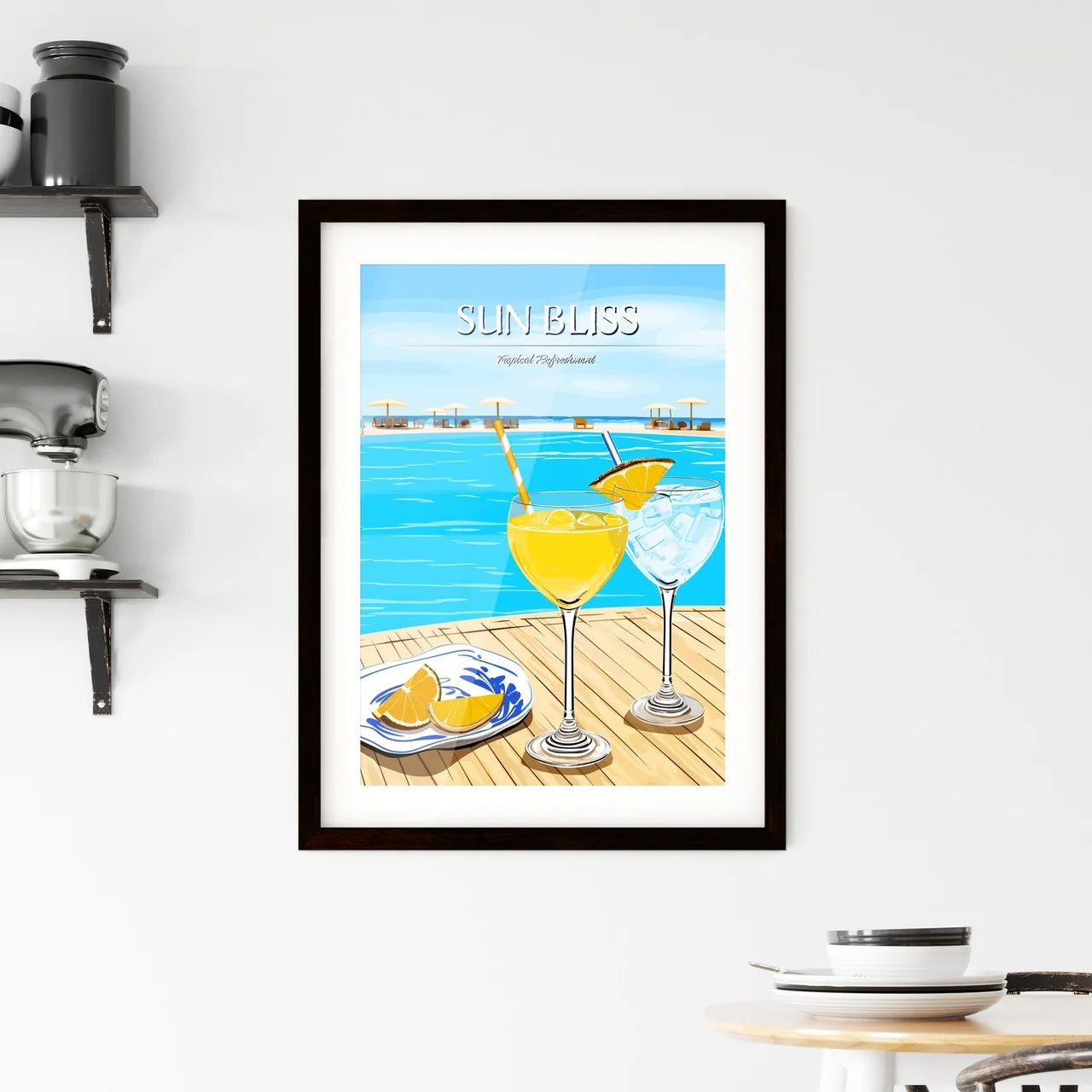 Beach Holidays With Two Cocktails Near Swimm Framed Print