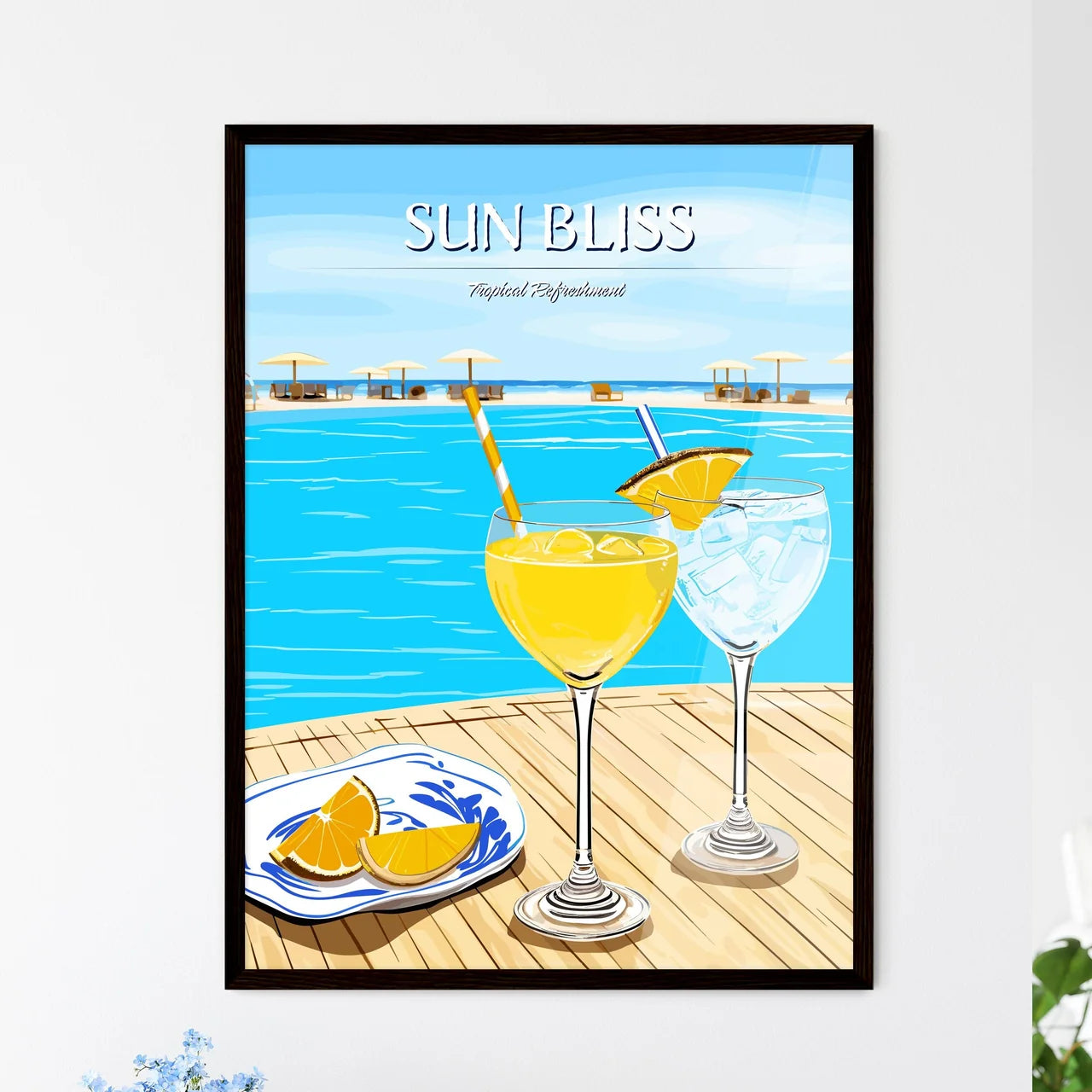 Beach Holidays With Two Cocktails Near Swimm - Framed Art Print