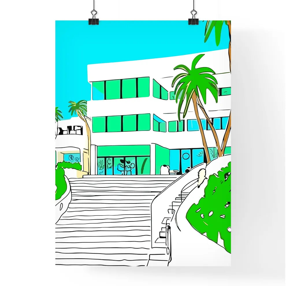 Beverly Hills US - A Building With Palm Trees And Stairs Poster