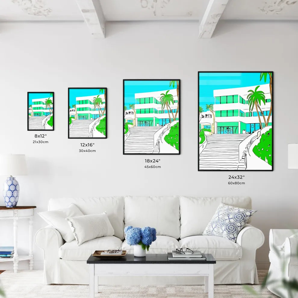 Beverly Hills US - A Building With Palm Trees And Stairs Size Chart