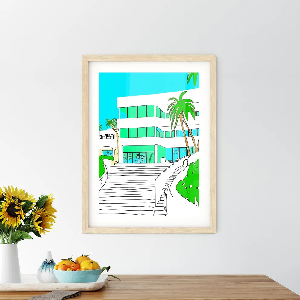 Beverly Hills US - A Building With Palm Trees And Stairs Custom Print