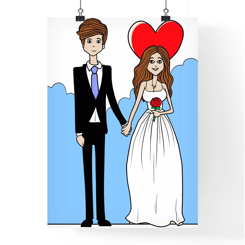 Cartoon Bride And Groom Are Holding Heart Po Poster