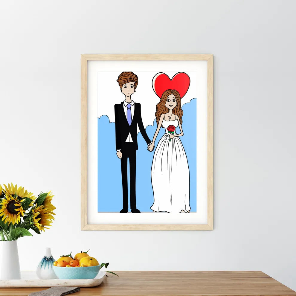 Cartoon Bride And Groom Are Holding Heart Po Framed Print