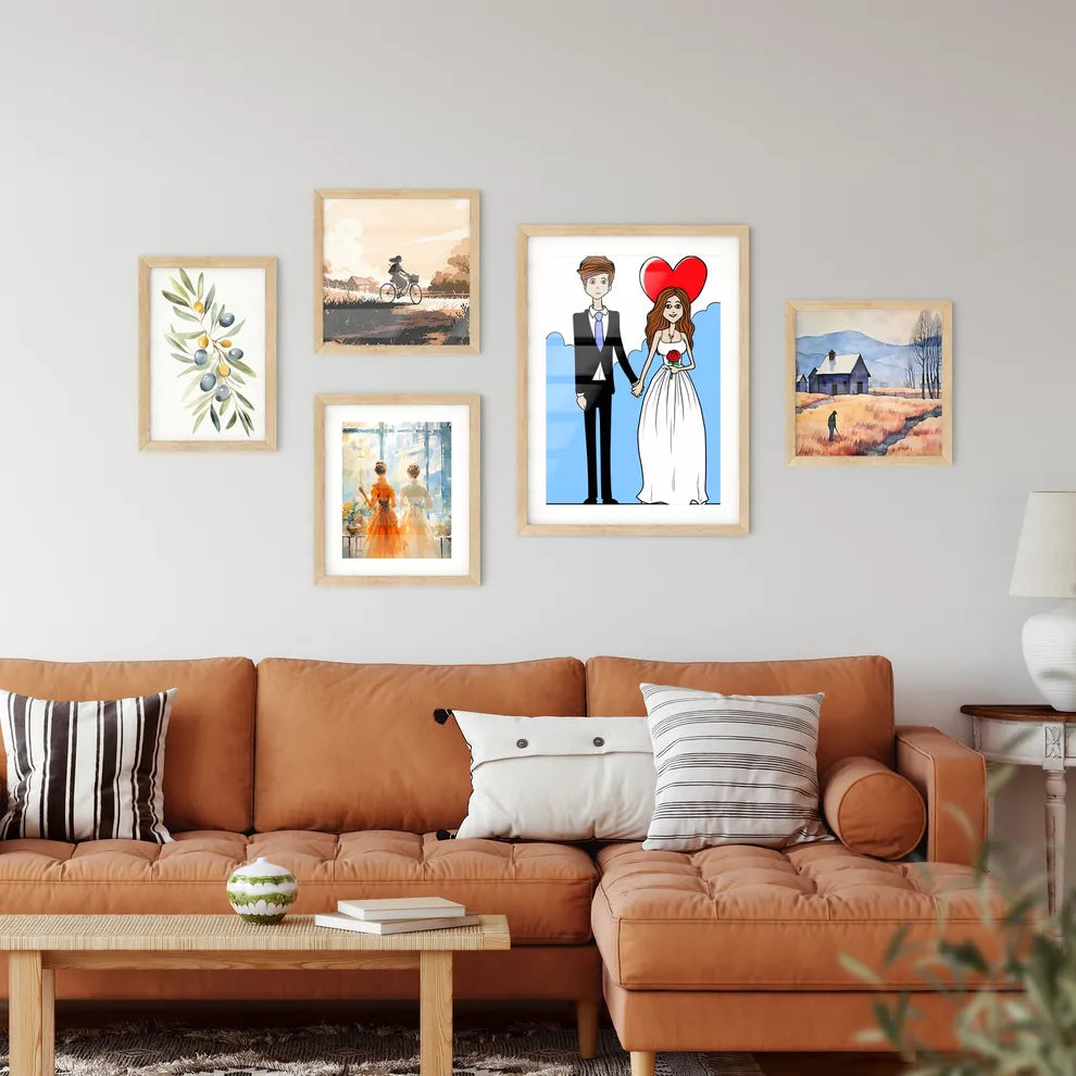 Cartoon Bride And Groom Are Holding Heart Po Wall Art