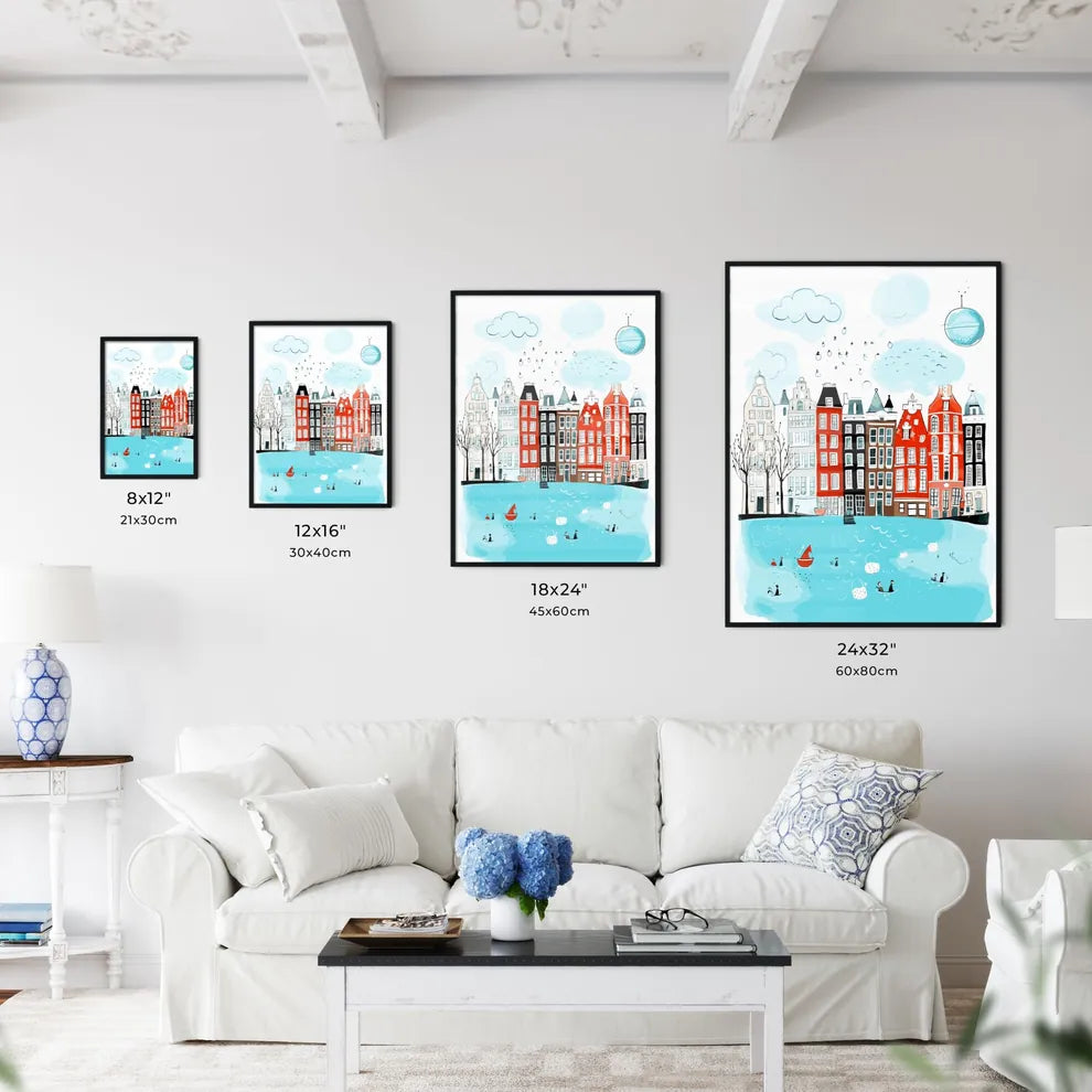 City Life In Amsterdam - A Water With Buildings And Boats Size Chart