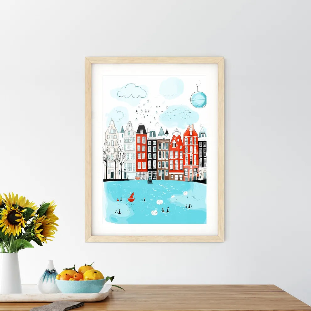 City Life In Amsterdam - A Water With Buildings And Boats Custom Print