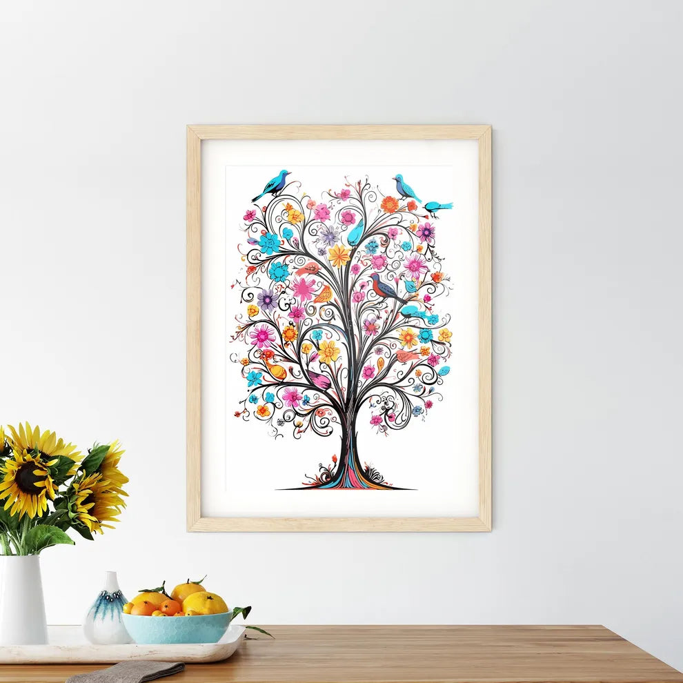 Colorful Easter Tree With Eggs Birds And Flowers  Framed Print