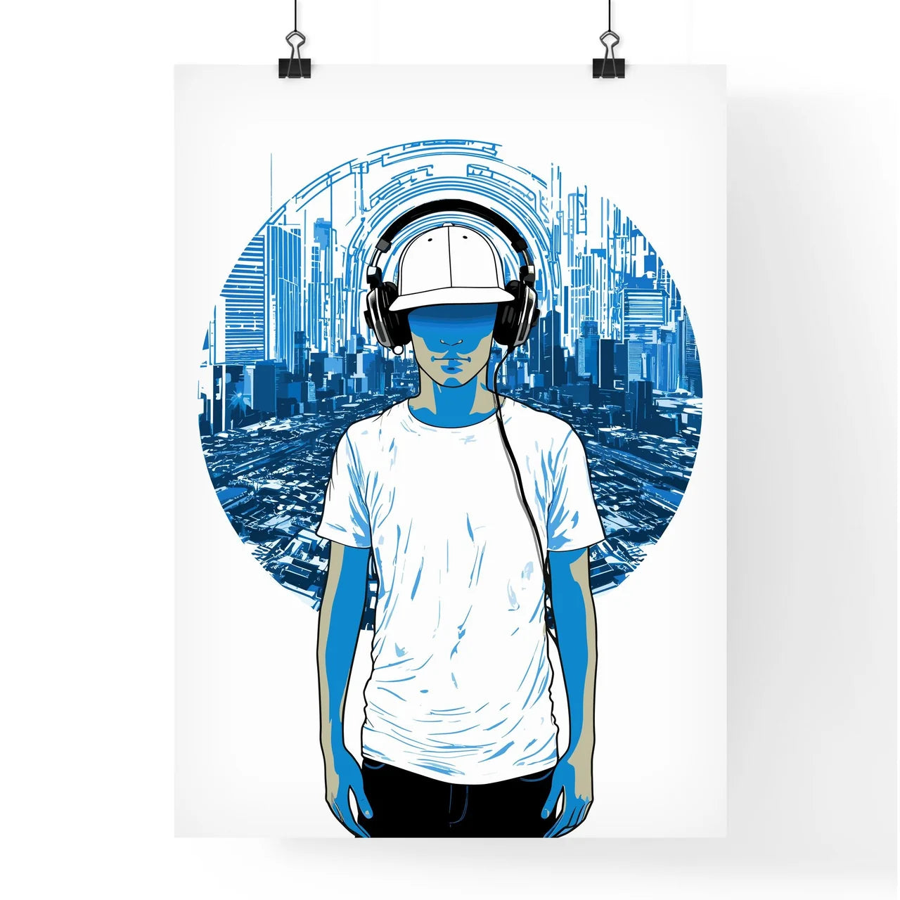Disk Jockey With An Urban Background - A Man Wearing Headphones And Standing In Front Of A City Poster