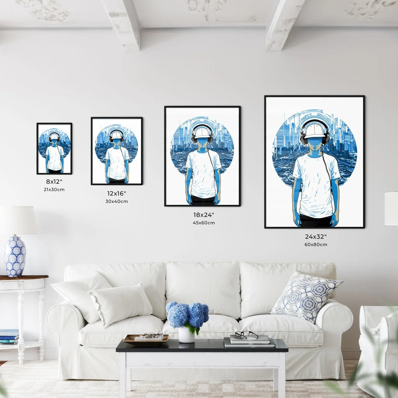 Disk Jockey With An Urban Background - A Man Wearing Headphones And Standing In Front Of A City Size Chart