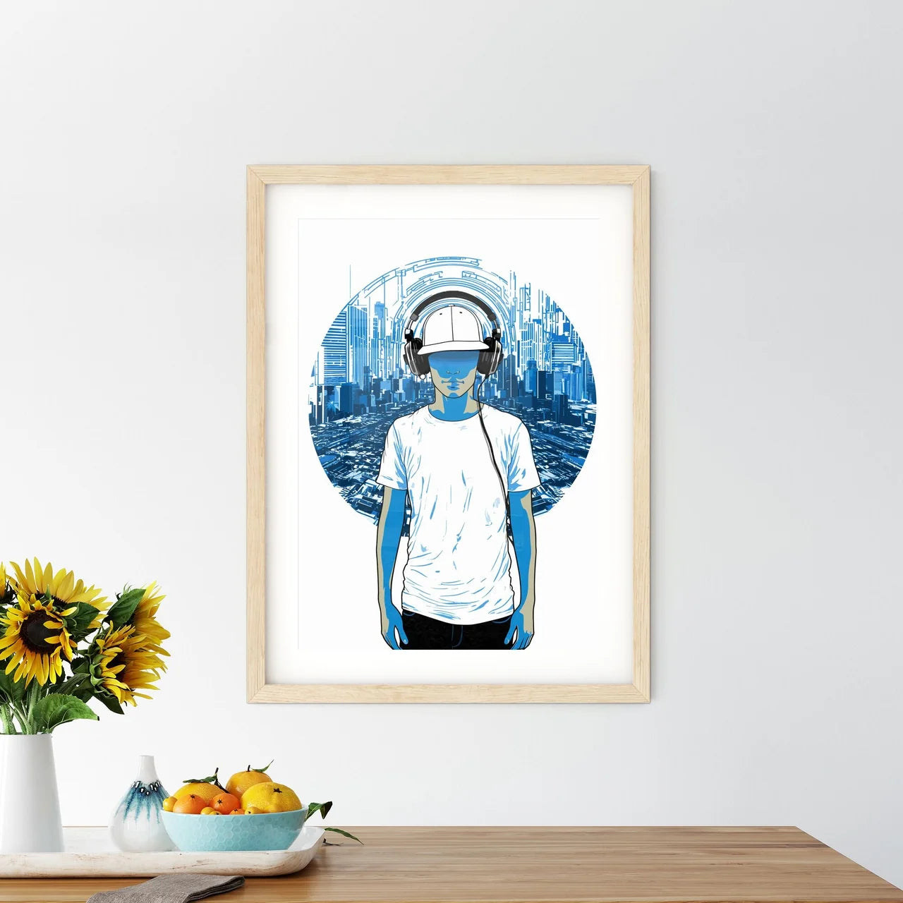 Disk Jockey With An Urban Background - A Man Wearing Headphones And Standing In Front Of A City Custom Print