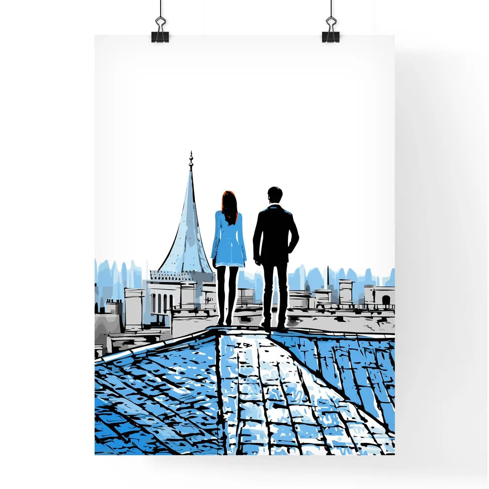 Fashion Art Of A Couple On The Roofs Of Paris - A Man And Woman Standing On A Roof Poster