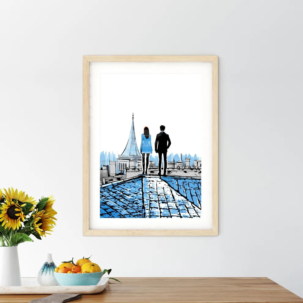 Fashion Art Of A Couple On The Roofs Of Paris - A Man And Woman Standing On A Roof Custom Print