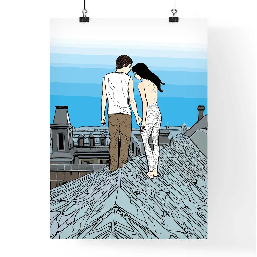 Fashion Art Of A Couple On The Roofs Of Paris - A Man And Woman Standing On A Roof Poster